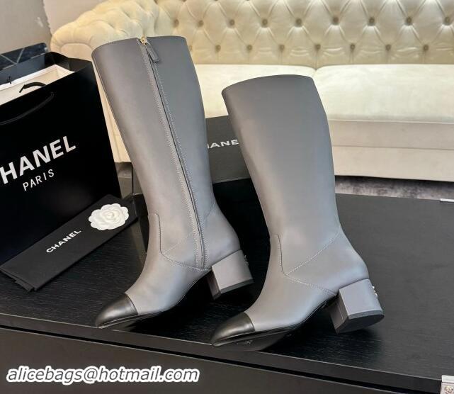 Luxury Chanel Calfskin Leather Heel High Boots 4.5cm Grey 015093