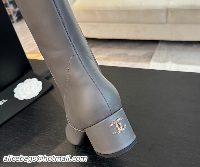 Luxury Chanel Calfskin Leather Heel High Boots 4.5cm Grey 015093