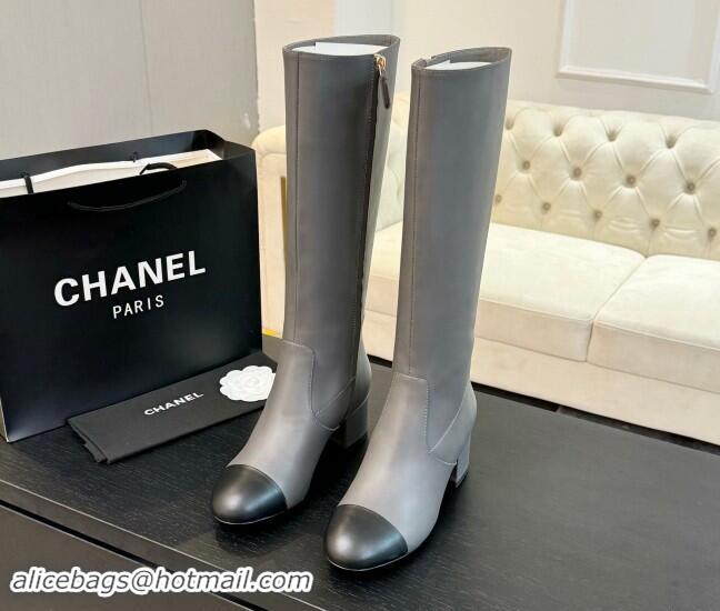 Luxury Chanel Calfskin Leather Heel High Boots 4.5cm Grey 015093