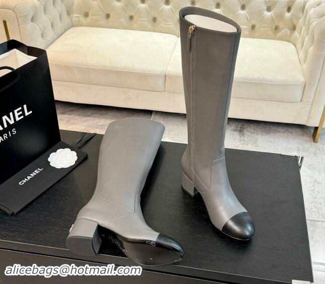 Luxury Chanel Calfskin Leather Heel High Boots 4.5cm Grey 015093