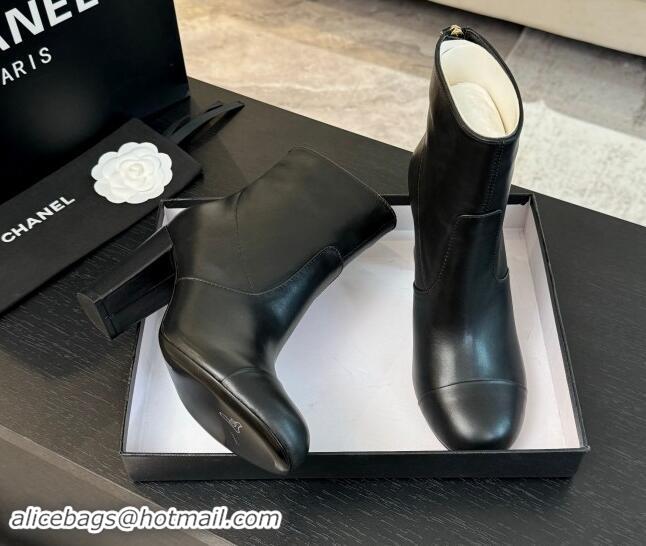 Most Popular Chanel Calfskin Leather Heel Ankle Boots 7cm Black 015095