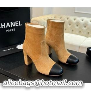 Shoulder Carry Chanel Suede and Calfskin Heel Ankle Boots 7cm Brown Yellow 015096