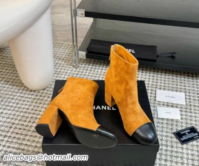 Luxury Cheap Chanel Suede and Lambskin Heel Ankle Boots 7cm Brown Yellow 015100