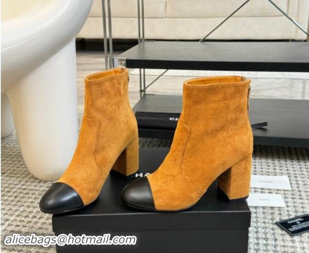 Luxury Cheap Chanel Suede and Lambskin Heel Ankle Boots 7cm Brown Yellow 015100