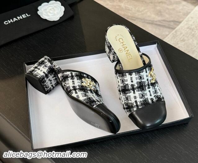 Good Quality Chanel Tweed and Lambskin Heel Mules 4.5cm Black/White 1015101