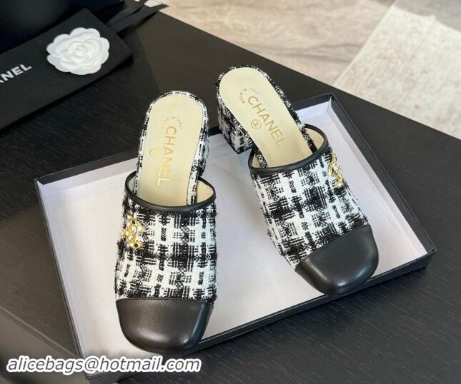 Good Quality Chanel Tweed and Lambskin Heel Mules 4.5cm Black/White 1015101