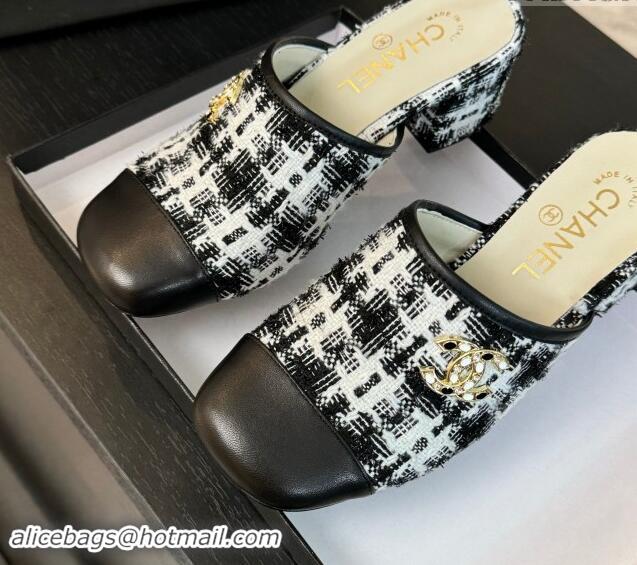 Good Quality Chanel Tweed and Lambskin Heel Mules 4.5cm Black/White 1015101