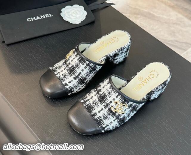 Good Quality Chanel Tweed and Lambskin Heel Mules 4.5cm Black/White 1015101