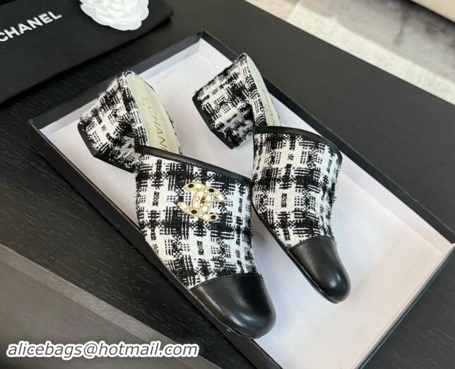 Good Quality Chanel Tweed and Lambskin Heel Mules 4.5cm Black/White 1015101