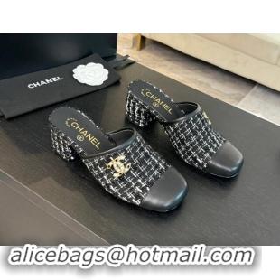 Fashion Chanel Tweed and Lambskin Heel Mules 4.5cm Black 015102