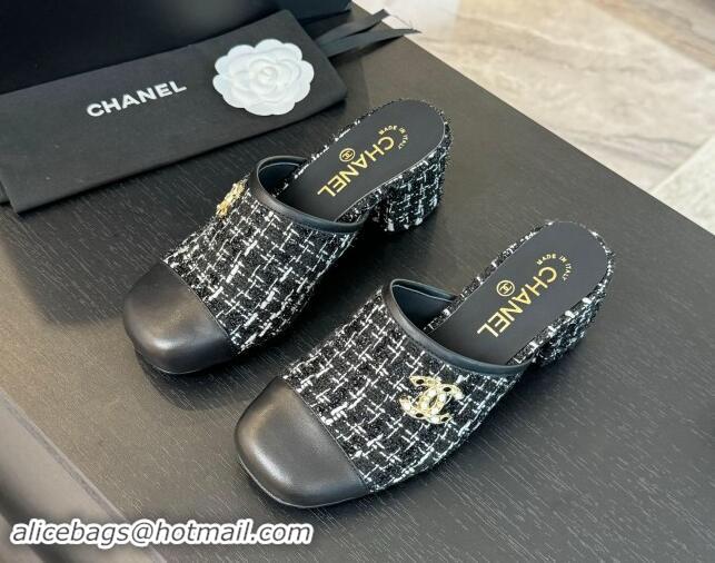 Fashion Chanel Tweed and Lambskin Heel Mules 4.5cm Black 015102