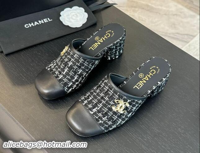 Fashion Chanel Tweed and Lambskin Heel Mules 4.5cm Black 015102