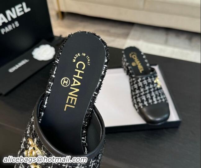 Fashion Chanel Tweed and Lambskin Heel Mules 4.5cm Black 015102