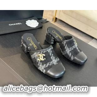 Buy Luxury Chanel Tweed and Lambskin Heel Mules 4.5cm Black/Grey 1015103