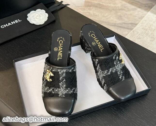 Buy Luxury Chanel Tweed and Lambskin Heel Mules 4.5cm Black/Grey 1015103