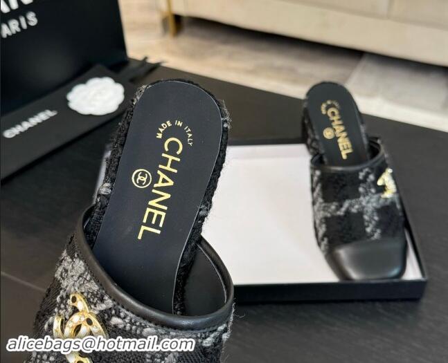 Buy Luxury Chanel Tweed and Lambskin Heel Mules 4.5cm Black/Grey 1015103