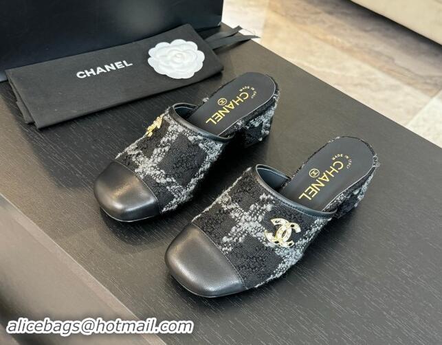 Buy Luxury Chanel Tweed and Lambskin Heel Mules 4.5cm Black/Grey 1015103