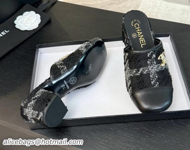 Buy Luxury Chanel Tweed and Lambskin Heel Mules 4.5cm Black/Grey 1015103