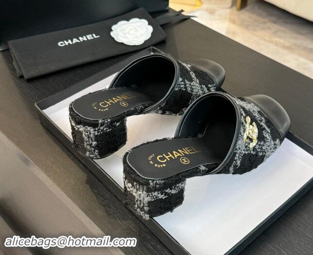 Buy Luxury Chanel Tweed and Lambskin Heel Mules 4.5cm Black/Grey 1015103