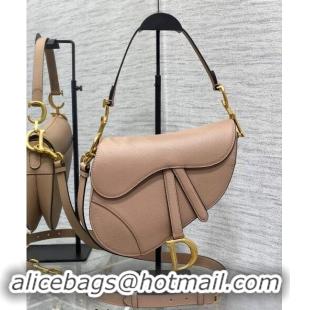 Best Quality Dior Medium Saddle Bag with Strap in Grained Calfskin Bean Paste 1038 Pink 2024