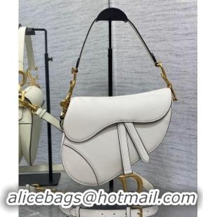 Discount Design Dior Medium Saddle Bag with Strap in Grained Calfskin 1038 White 2024