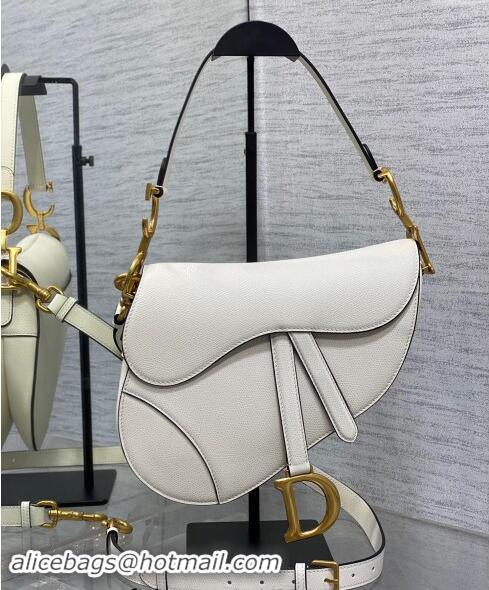 Discount Design Dior Medium Saddle Bag with Strap in Grained Calfskin 1038 White 2024