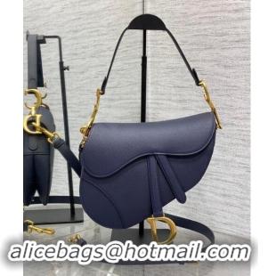 Good Quality Dior Medium Saddle Bag with Strap in Grained Calfskin 1038 Deep Blue 2024