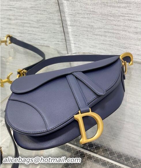 Good Quality Dior Medium Saddle Bag with Strap in Grained Calfskin 1038 Deep Blue 2024