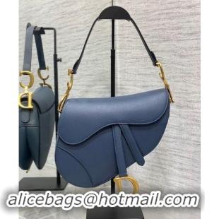 Well Crafted Dior Medium Saddle Bag with Strap in Grained Calfskin 1038 Vintage Blue 2024