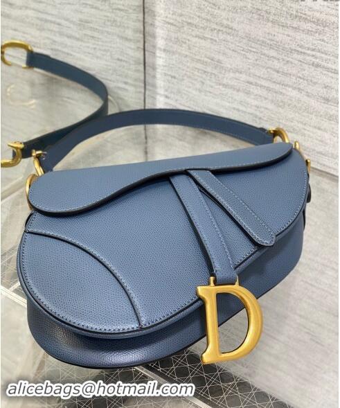 Well Crafted Dior Medium Saddle Bag with Strap in Grained Calfskin 1038 Vintage Blue 2024