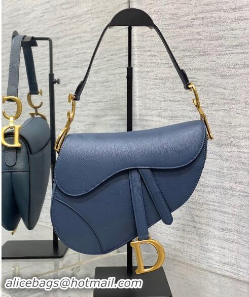 Well Crafted Dior Medium Saddle Bag with Strap in Grained Calfskin 1038 Vintage Blue 2024