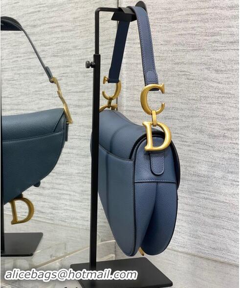 Well Crafted Dior Medium Saddle Bag with Strap in Grained Calfskin 1038 Vintage Blue 2024