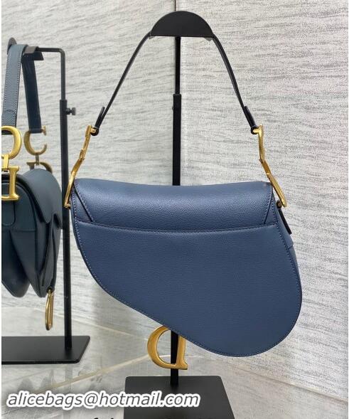 Well Crafted Dior Medium Saddle Bag with Strap in Grained Calfskin 1038 Vintage Blue 2024