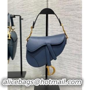 Well Crafted Dior Mini Saddle Bag with Strap in Grained Calfskin 1040 Vintage Blue 2024