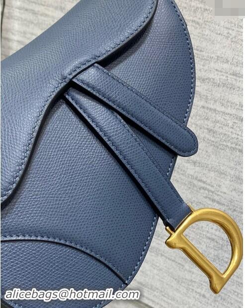 Well Crafted Dior Mini Saddle Bag with Strap in Grained Calfskin 1040 Vintage Blue 2024