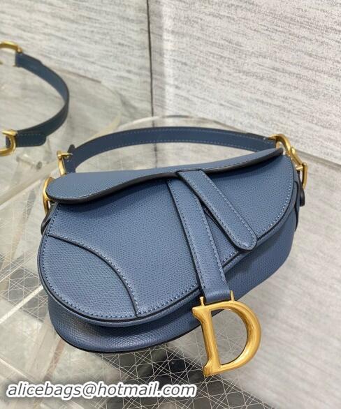 Well Crafted Dior Mini Saddle Bag with Strap in Grained Calfskin 1040 Vintage Blue 2024