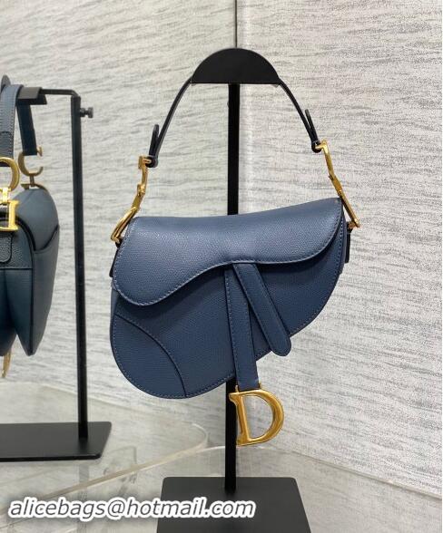 Well Crafted Dior Mini Saddle Bag with Strap in Grained Calfskin 1040 Vintage Blue 2024