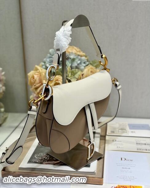 Famous Brand Dior Medium Saddle Bag with Strap in Two-Tone Supple Calfskin 1040 Biscuit Beige and White 2024