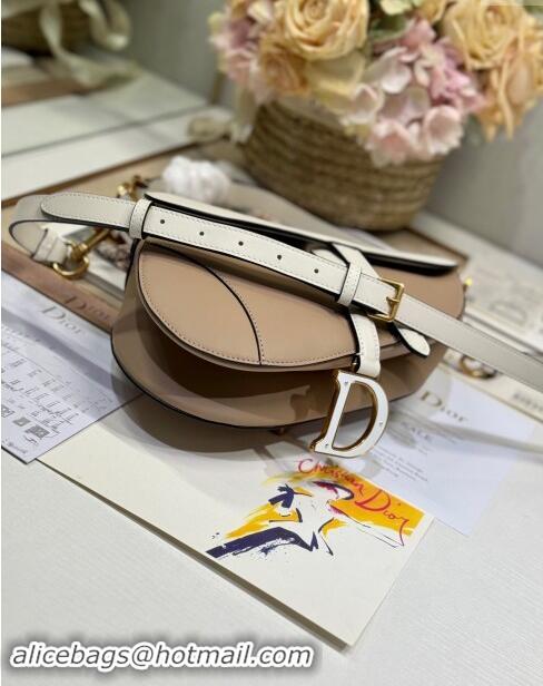 Famous Brand Dior Medium Saddle Bag with Strap in Two-Tone Supple Calfskin 1040 Biscuit Beige and White 2024