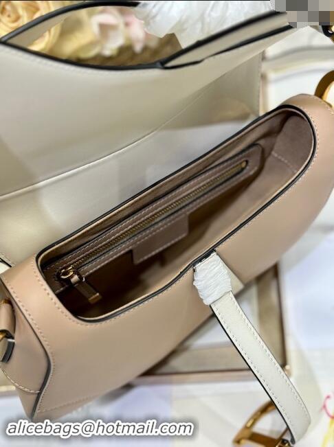 Famous Brand Dior Medium Saddle Bag with Strap in Two-Tone Supple Calfskin 1040 Biscuit Beige and White 2024