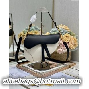 Popular Style Dior Medium Saddle Bag with Strap in Two-Tone Supple Calfskin 1040 White/Black 2024