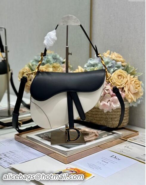 Popular Style Dior Medium Saddle Bag with Strap in Two-Tone Supple Calfskin 1040 White/Black 2024