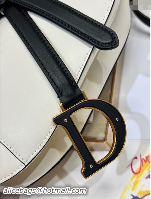 Popular Style Dior Medium Saddle Bag with Strap in Two-Tone Supple Calfskin 1040 White/Black 2024