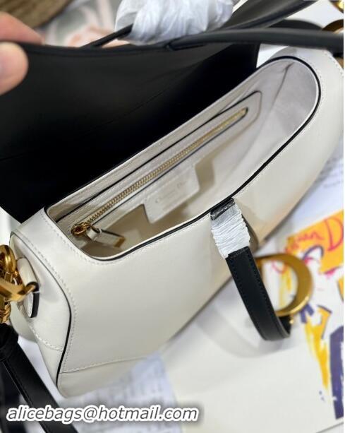 Popular Style Dior Medium Saddle Bag with Strap in Two-Tone Supple Calfskin 1040 White/Black 2024