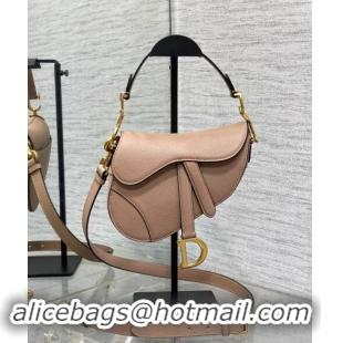 Market Sells Dior Mini Saddle Bag with Strap in Grained Calfskin Bean Paste 1041 Pink 2024