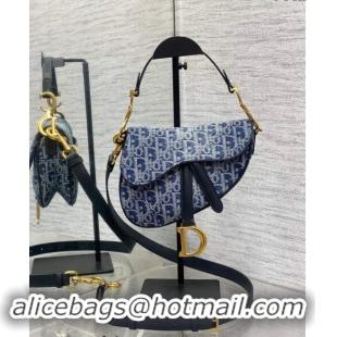 Top Grade Dior Mini Saddle Bag with Strap in Oblique Denim 1041 Blue 2024