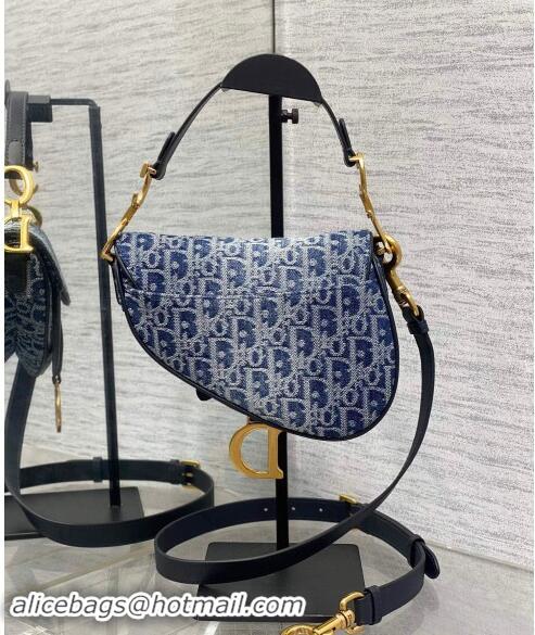 Top Grade Dior Mini Saddle Bag with Strap in Oblique Denim 1041 Blue 2024