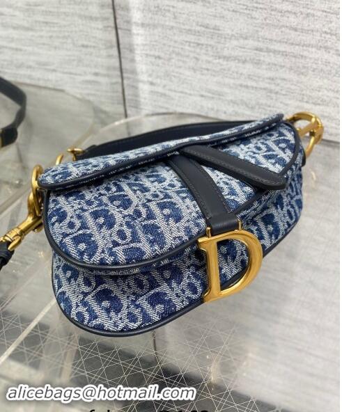 Top Grade Dior Mini Saddle Bag with Strap in Oblique Denim 1041 Blue 2024