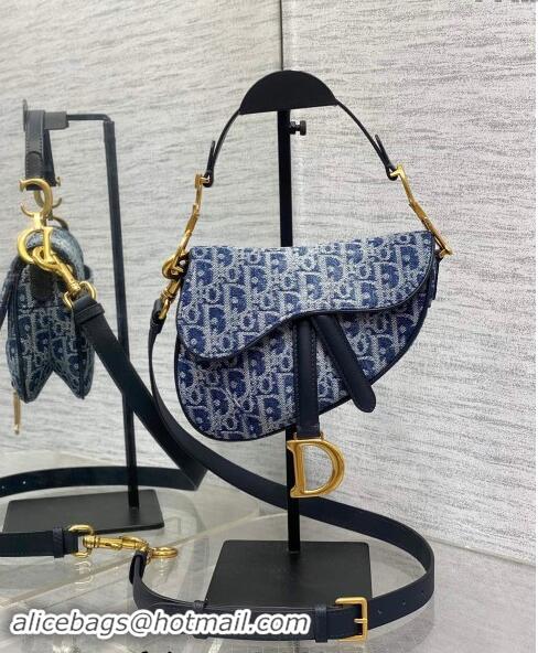 Top Grade Dior Mini Saddle Bag with Strap in Oblique Denim 1041 Blue 2024