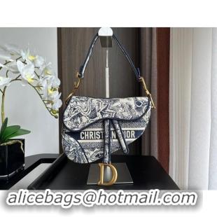 Top Grade Dior Medium Saddle Bag in Toile de Jouy Embroidery 1041 Blue 2024